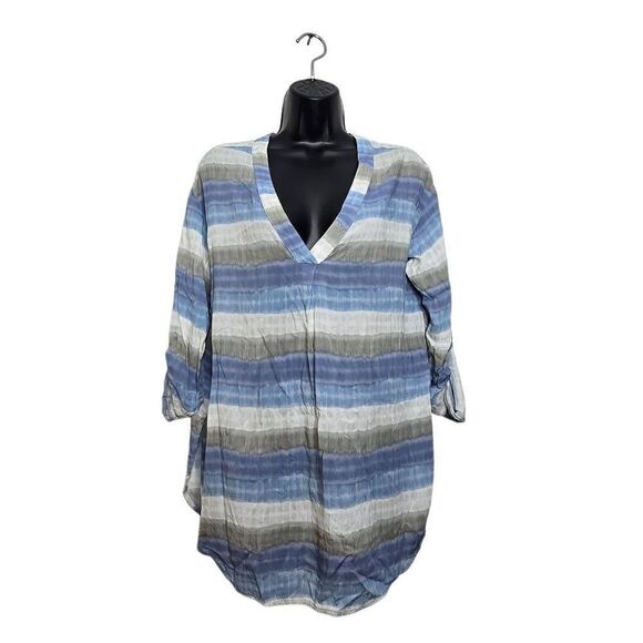 H Halston Blouse Size XS Stripe 3/4 Sleeve V-Neck Beach Vibes - Picture 1 of 7